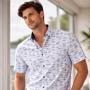 CON.STRUCT Slim Fit Fish Print Button-Down Shirt – Size XXL (4-Way Stretch)